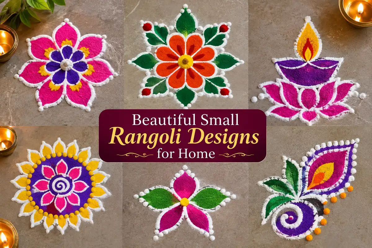 Beautiful small rangoli designs for home featuring colorful floral, diya, mandala, and paisley patterns.