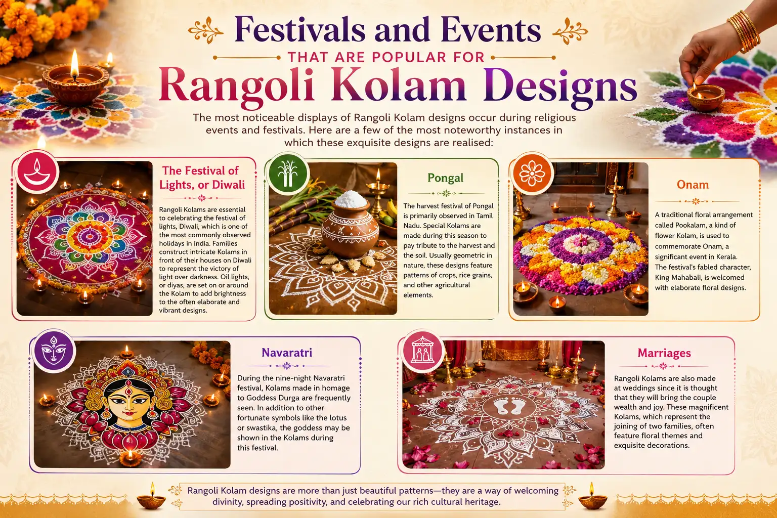 Festivals and events featuring colorful Rangoli Kolam designs for Diwali, Pongal, Onam, Navaratri, and Indian weddings