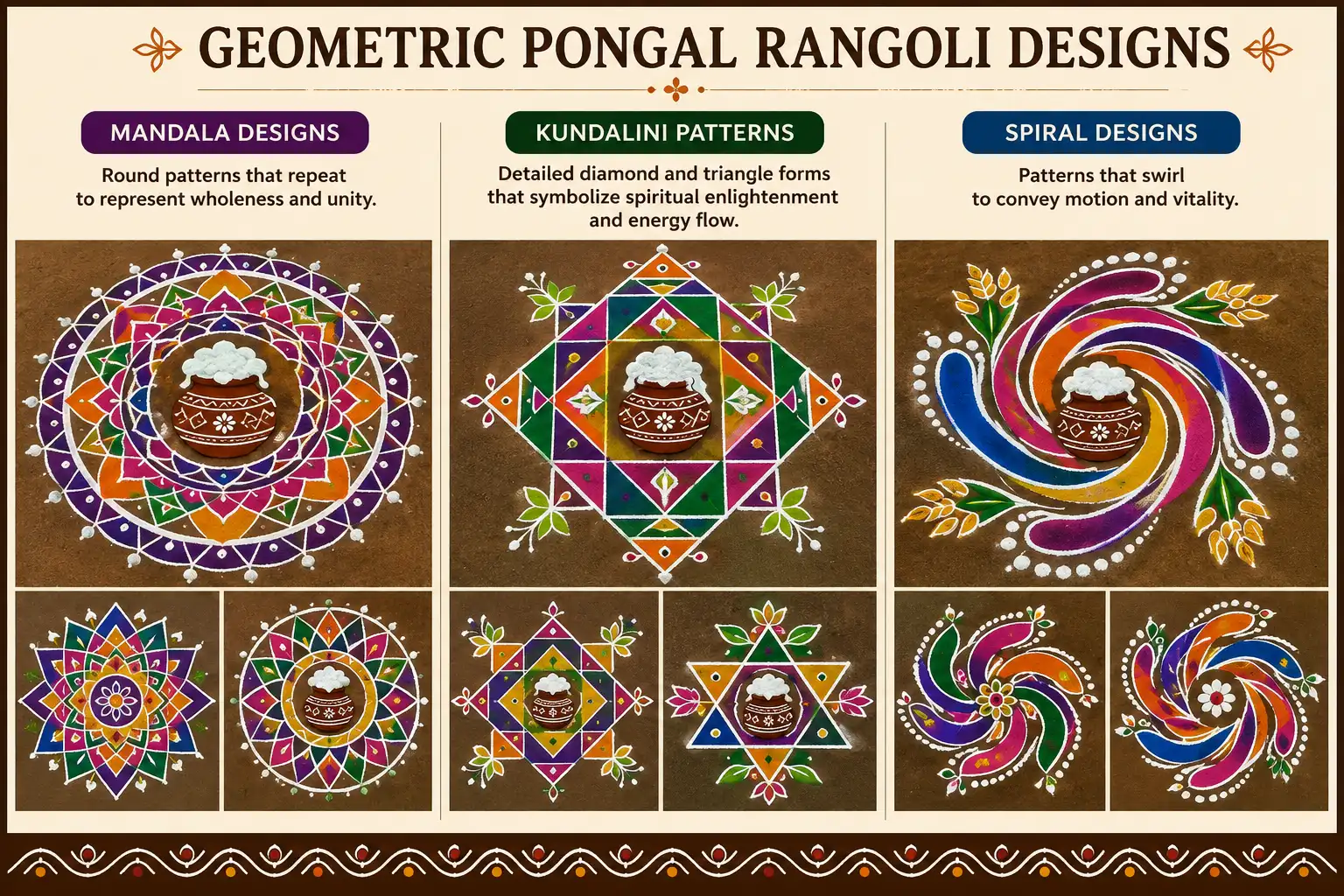 Geometric Pongal rangoli designs featuring colorful mandala, kundalini, and spiral patterns with traditional Pongal pots