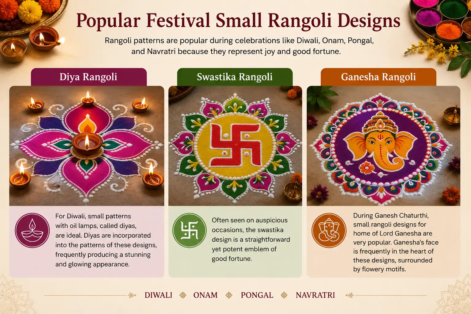 Popular festival small rangoli designs featuring Diya, Swastika, and Ganesha patterns