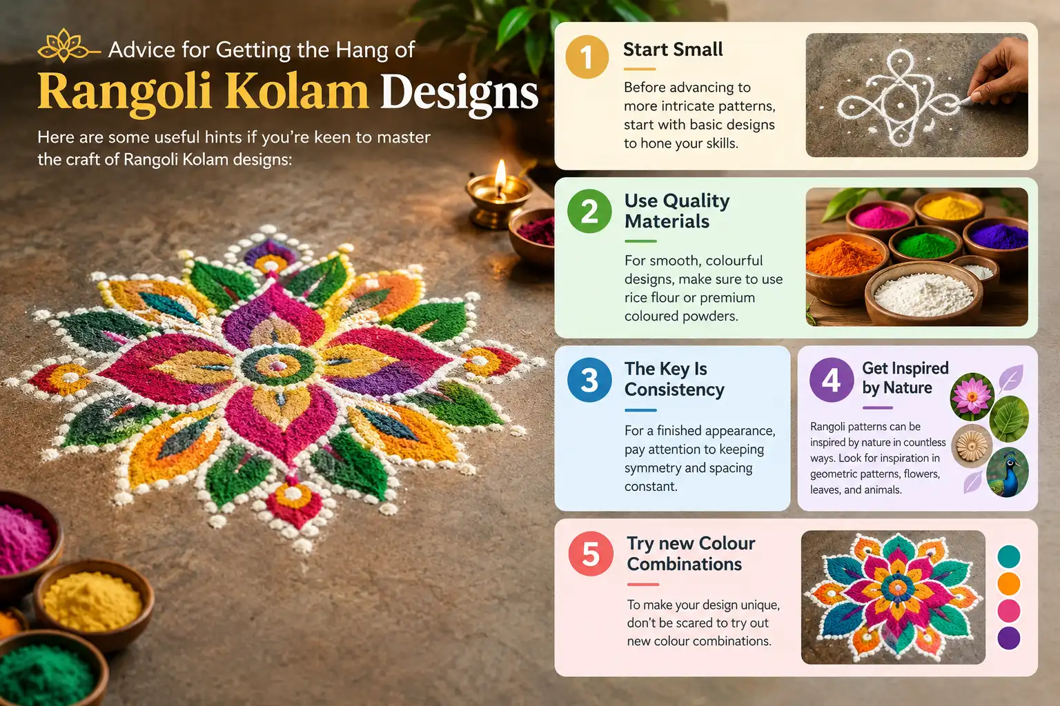 Modern infographic showing five tips for mastering Rangoli Kolam designs, including starting small, using quality materials, maintaining consistency, finding inspiration in nature, and trying new colour combinations.