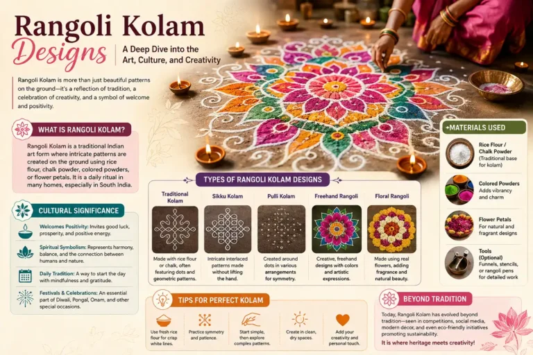 Rangoli Kolam designs infographic showcasing traditional Indian art, cultural significance, design types, materials, and creative techniques