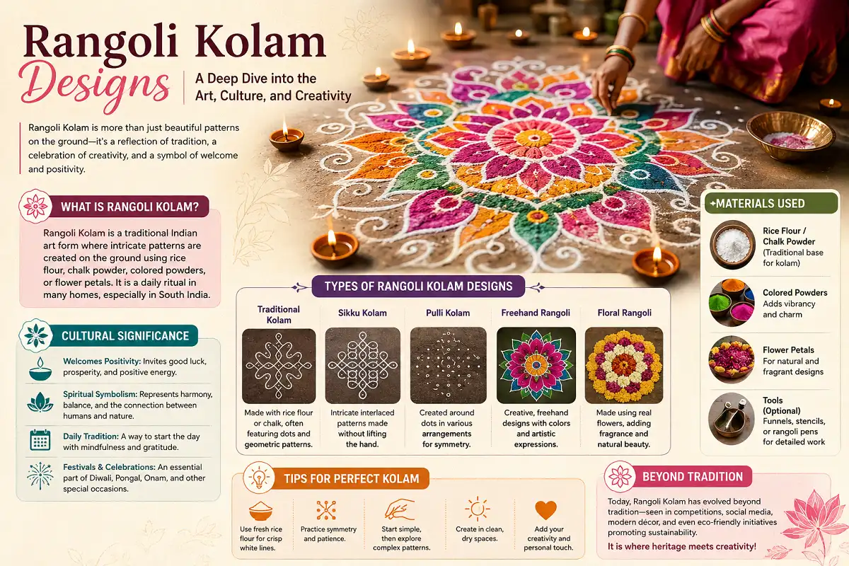 Rangoli Kolam designs infographic showcasing traditional Indian art, cultural significance, design types, materials, and creative techniques