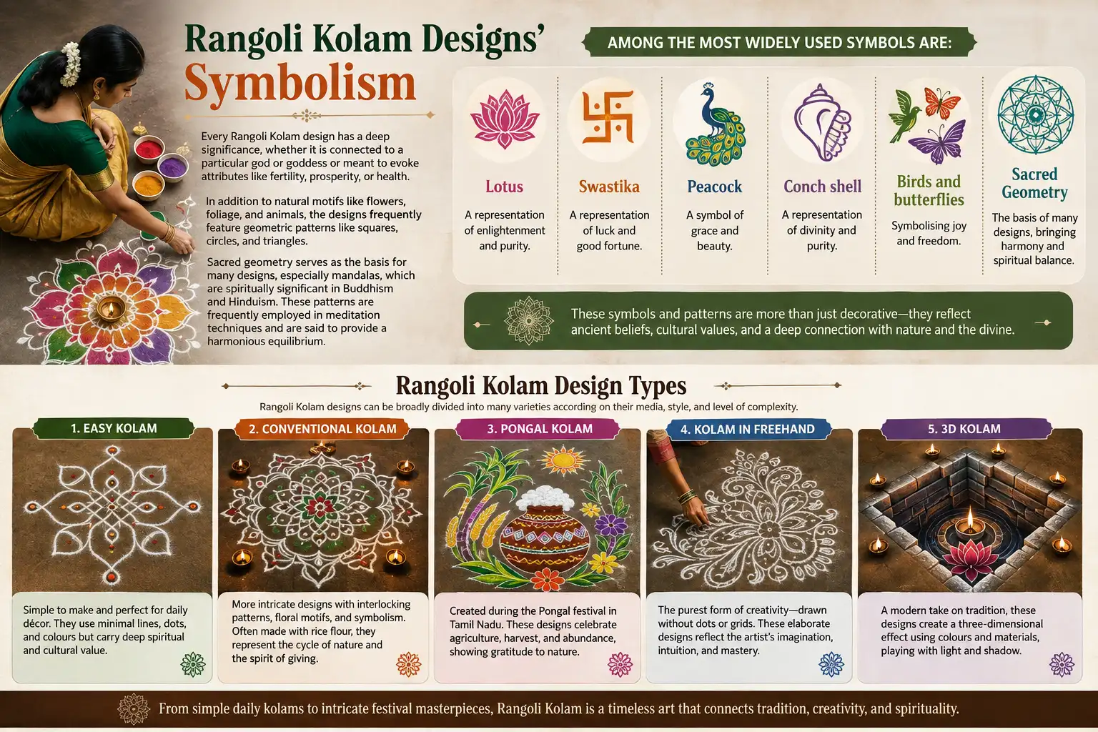 A mixed photorealistic and modern infographic illustrating Rangoli Kolam symbolism and design types, featuring lotus, swastika, peacock, conch shell, birds, butterflies, sacred geometry, and examples of easy, traditional, Pongal, freehand, and 3D kolams.