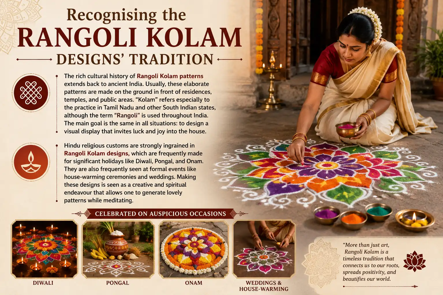 Infographic showcasing the cultural tradition of Rangoli and Kolam designs in India, including Diwali, Pongal, Onam, weddings, and house-warming ceremonies.