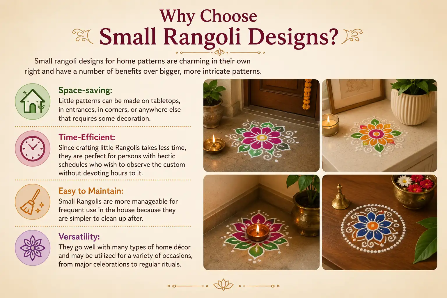 Why choose small rangoli designs for home – space-saving, time-efficient, easy to maintain, and versatile rangoli patterns