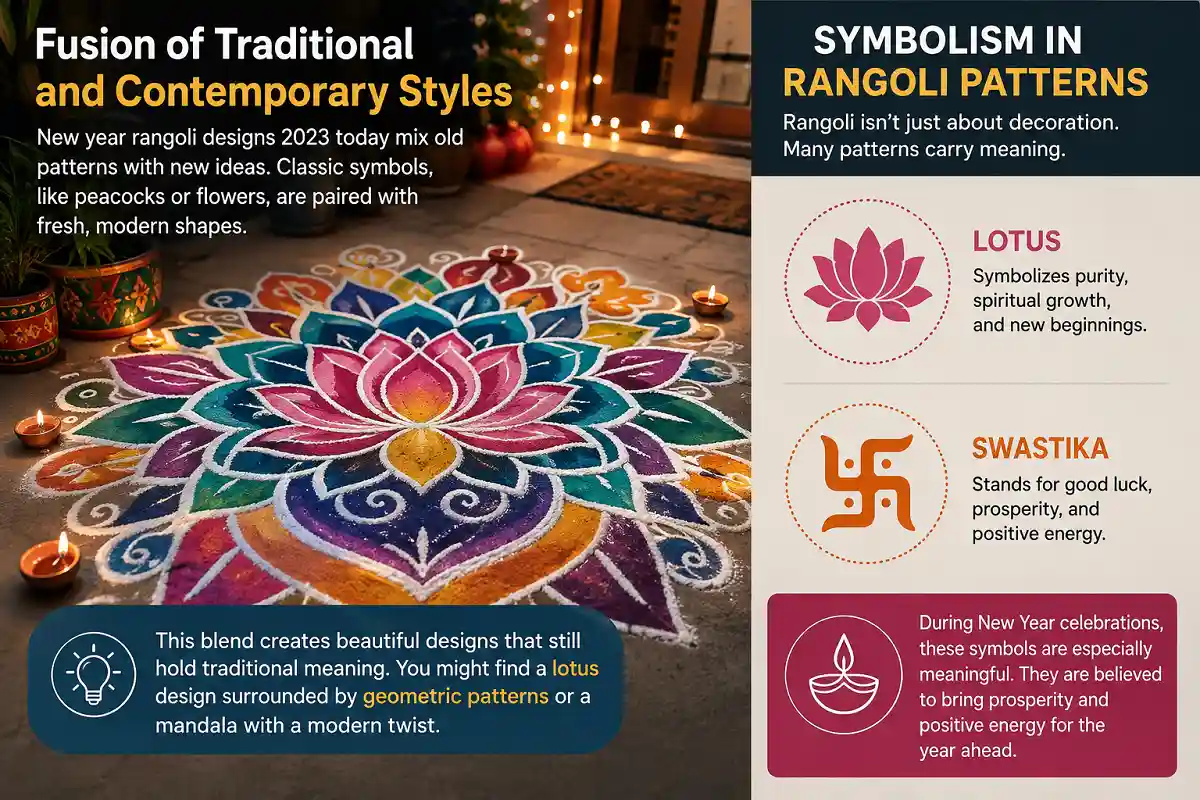 Fusion of traditional and contemporary New Year Rangoli designs