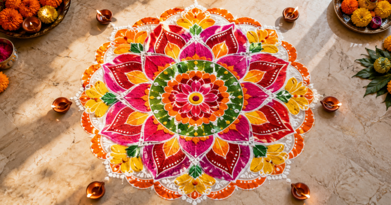 New year rangoli designs 2026 with colorful powder patterns and diyas