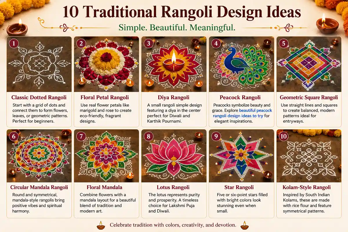Ten traditional simple rangoli design ideas including dotted, floral, diya, peacock, mandala, lotus and kolam patterns