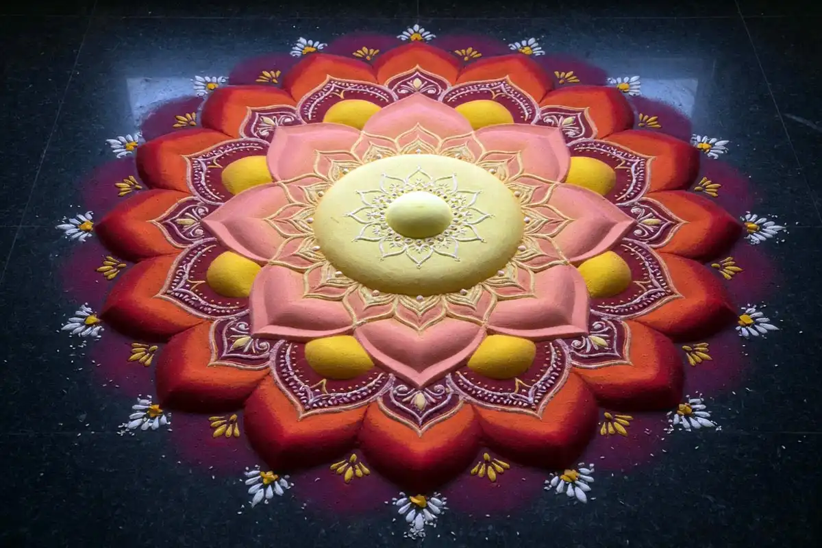 3D globe mandala rangoli with light to dark color gradient