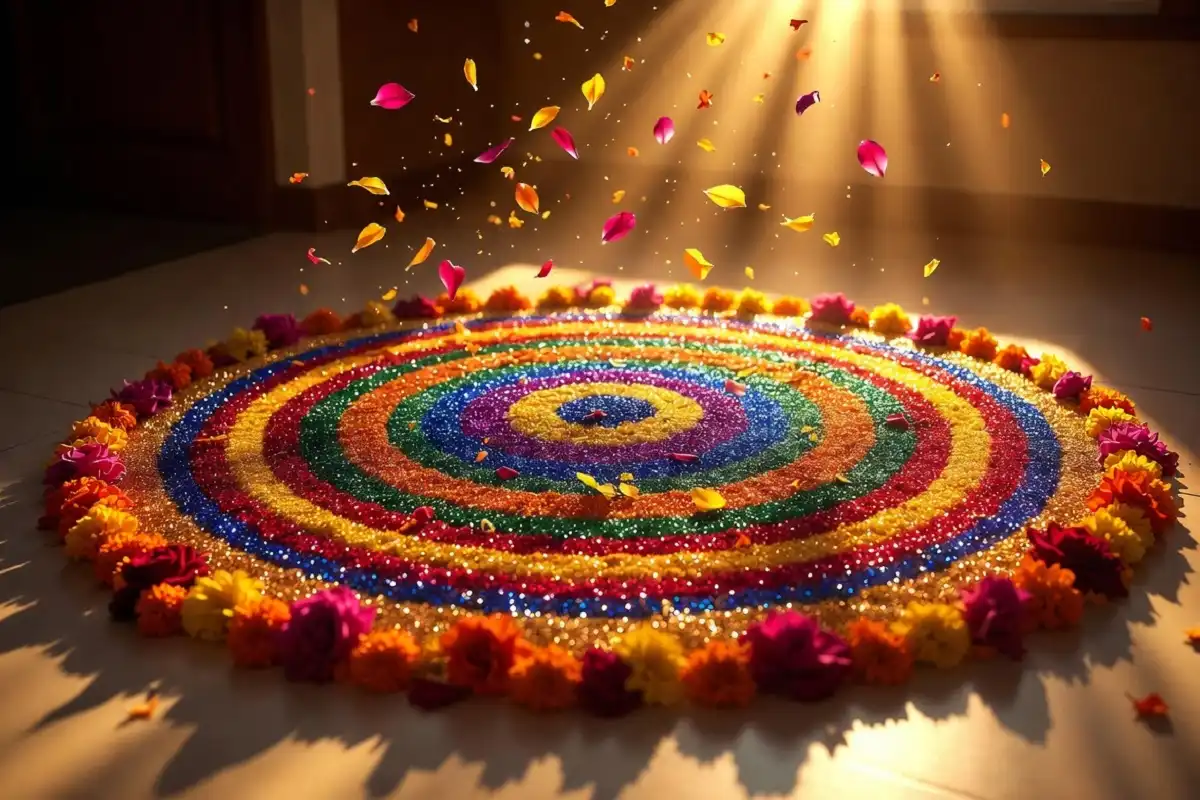 Modern 3D circle rangoli design with layered patterns