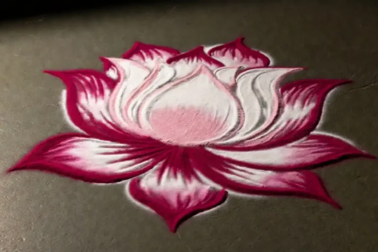 3D flower rangoli design with shaded petals creating depth and dimension