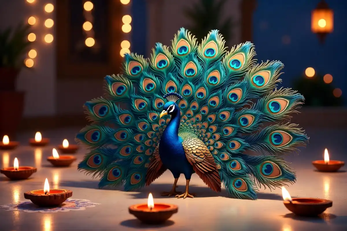 3D peacock rangoli design with vibrant shading