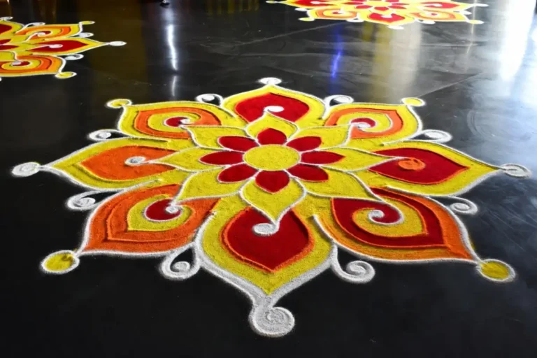 Colorful 3D rangoli designs step by step with raised lotus petals on a festive floor