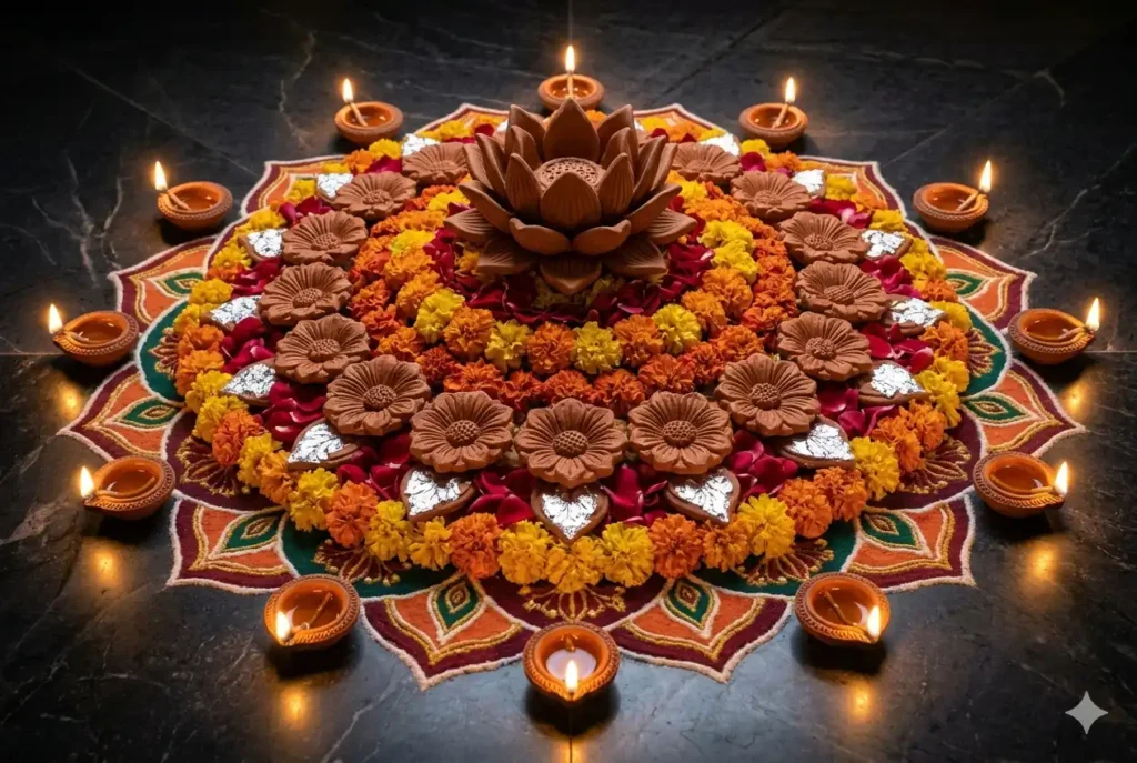3D attractive rangoli design for Diwali 2019 with layered marigold petals and clay lotus