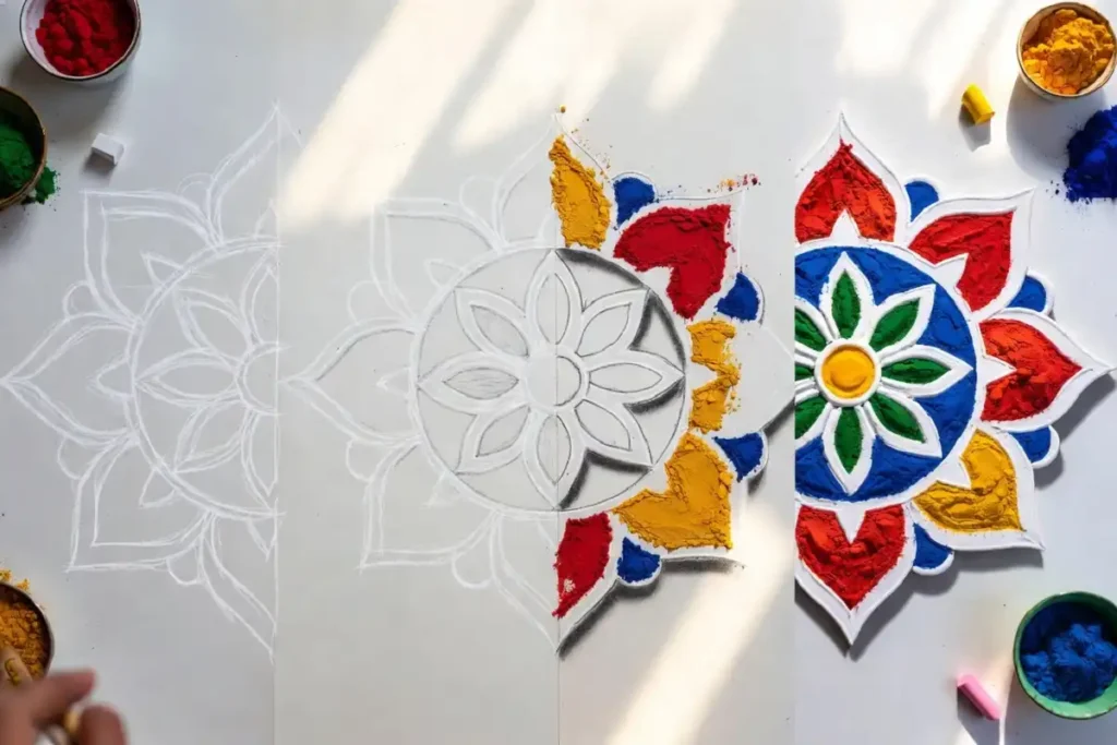 Step by step process of making a 3D rangoli design on a floor with chalk outline and color shading
