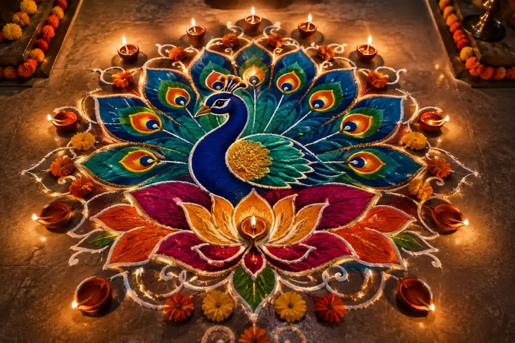 Beautiful colorful peacock flower rangoli design
