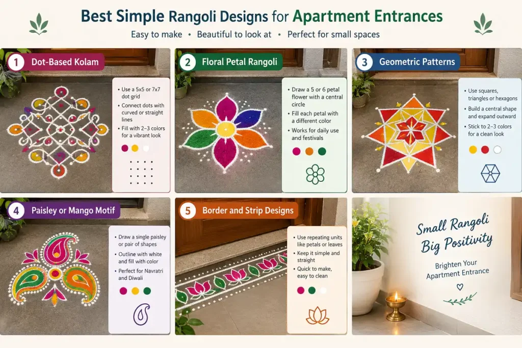Simple rangoli designs for apartment entrances with floral geometric and dot patterns