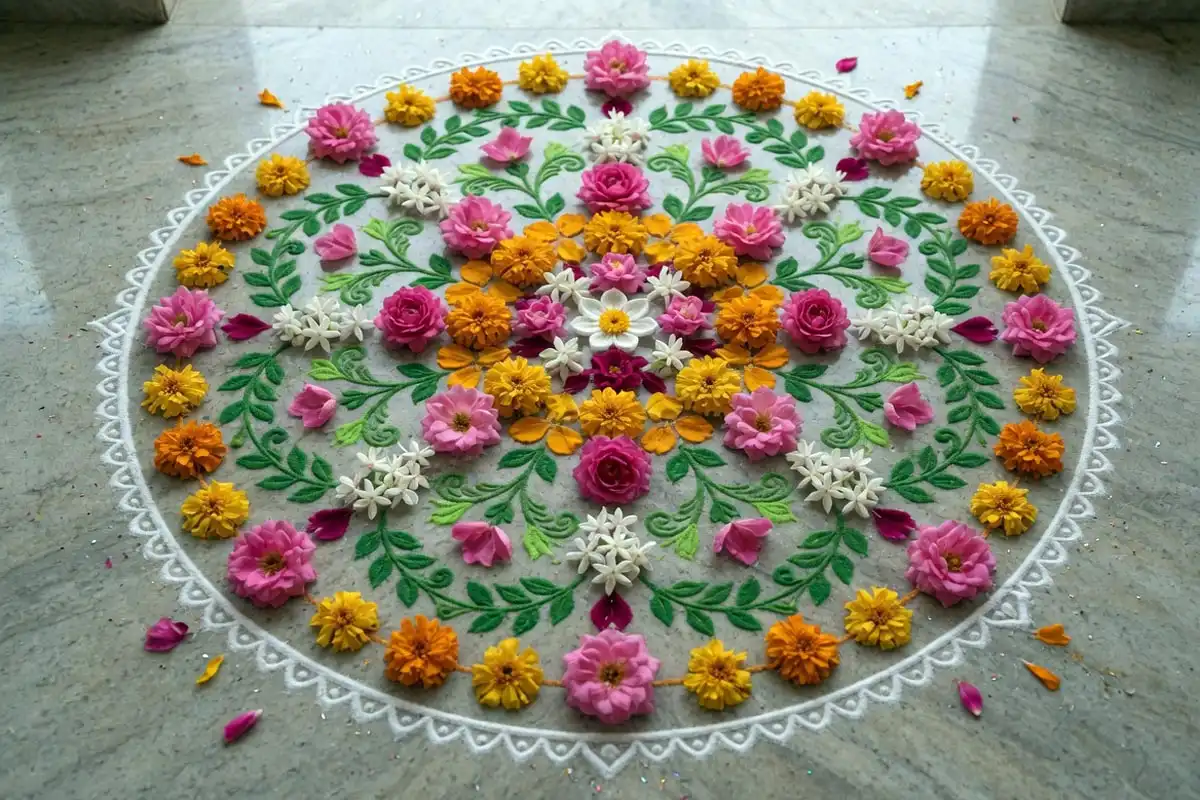 Big circle floral rangoli filled with flowers and vines