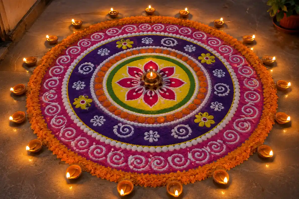 Big circle rangoli design with diyas for Diwali photos