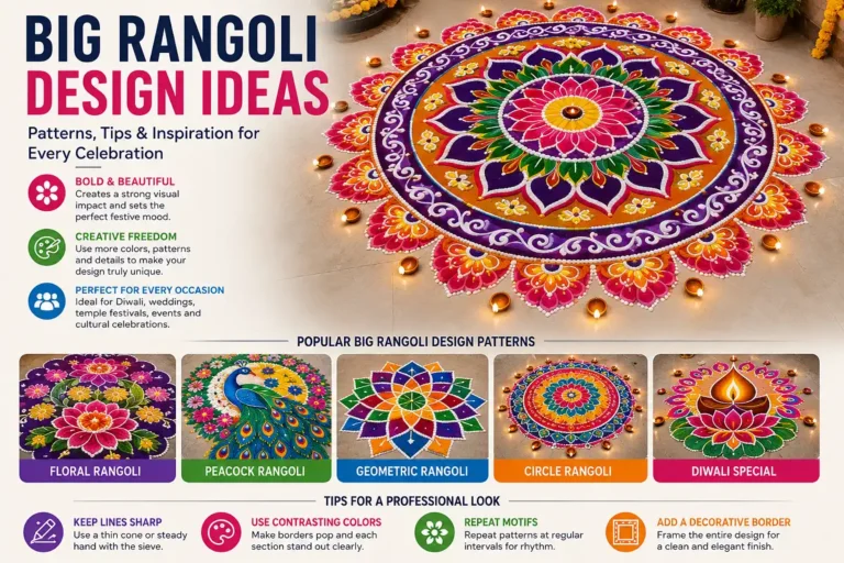 Colorful big rangoli design infographic with patterns, benefits, and professional tips.