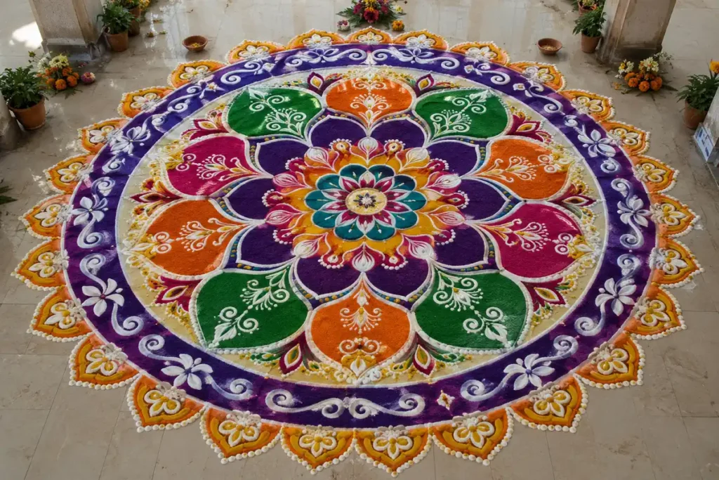 Big rangoli design with professional border and vibrant colors