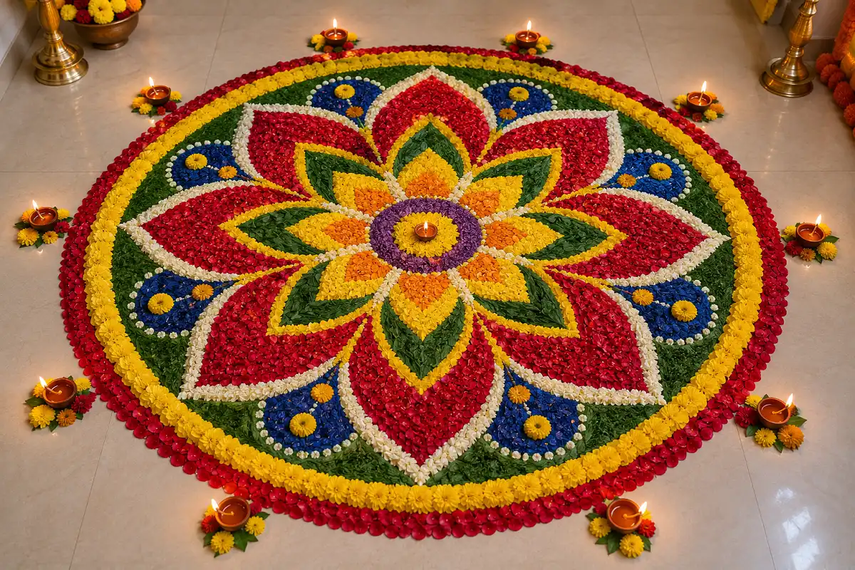 Big circle rangoli design with colorful floral petals on a floor