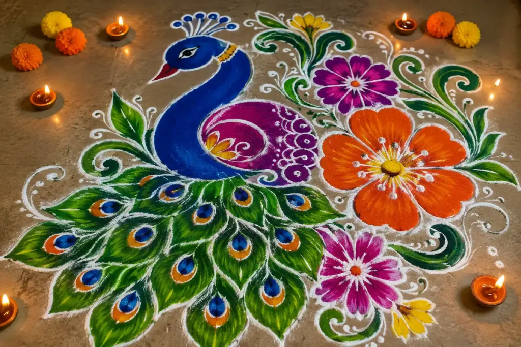 Color palette ideas for a peacock flower rangoli design