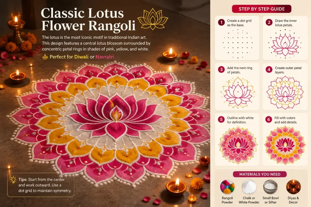 Classic lotus flower rangoli design for Diwali and Navratri