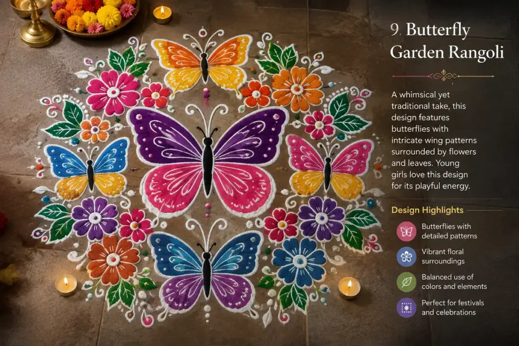 Colorful butterfly garden rangoli design with flowers and leaves