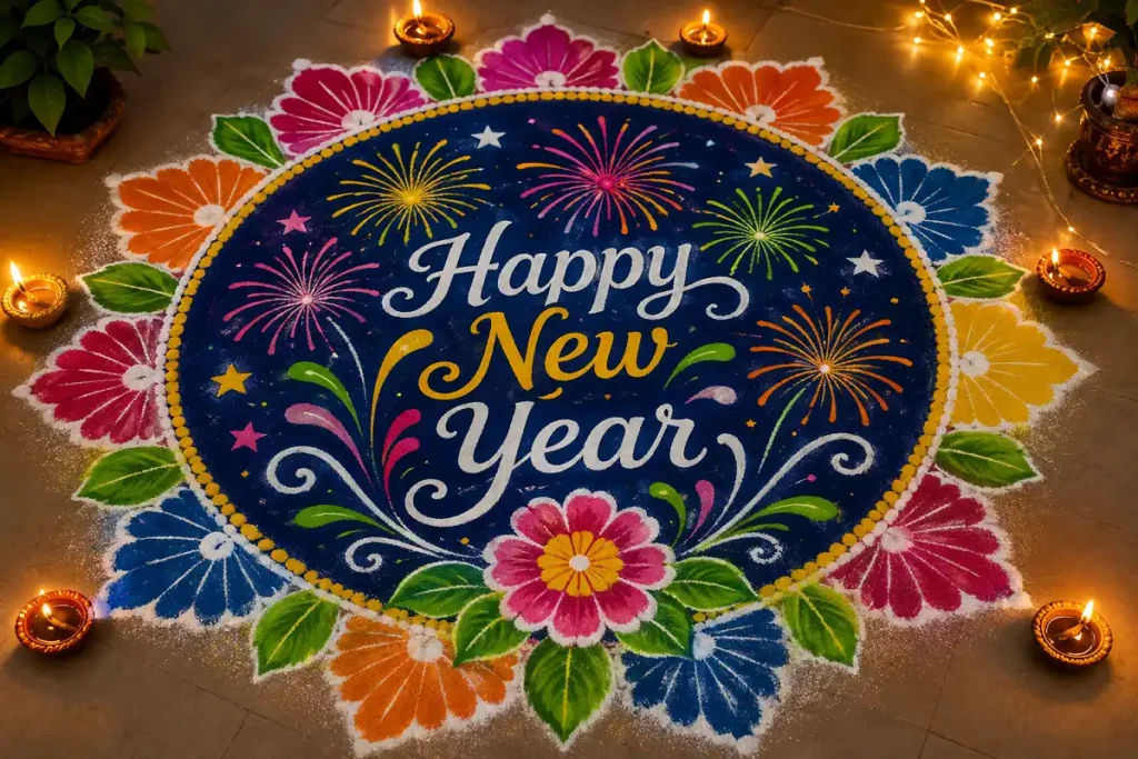 Colorful Happy New Year rangoli with diyas