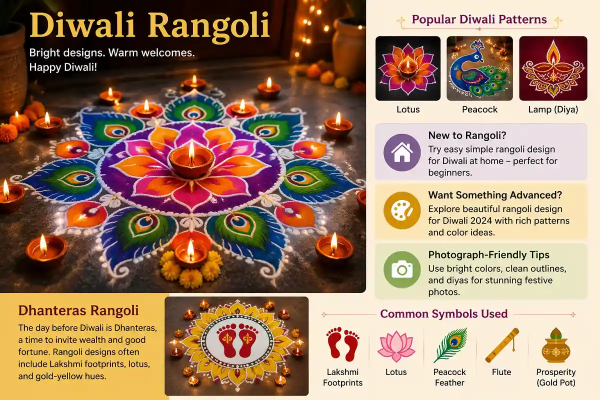 Diwali rangoli design with colorful lotus, peacock and diya patterns, plus Dhanteras Lakshmi footprints in a festive infographic layout.