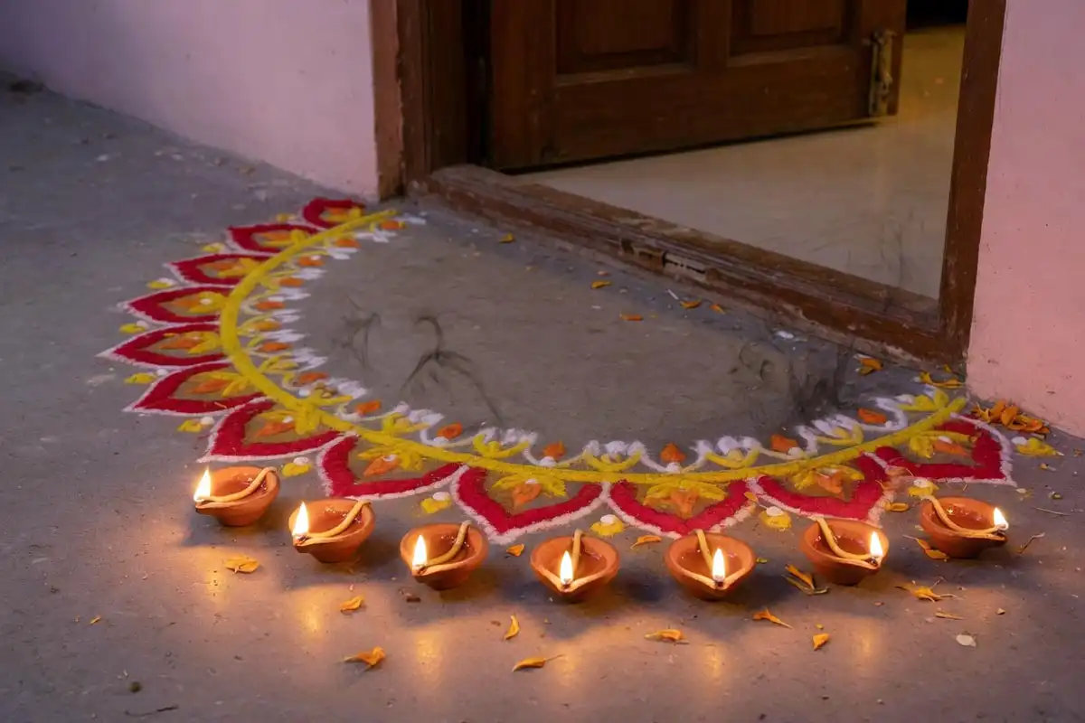 Simple doorway rangoli with a line of diyas along the threshold