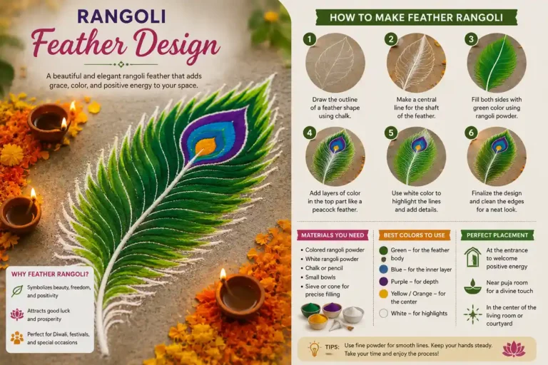 Colorful feather rangoli design with diyas, flowers, and step by step infographic.