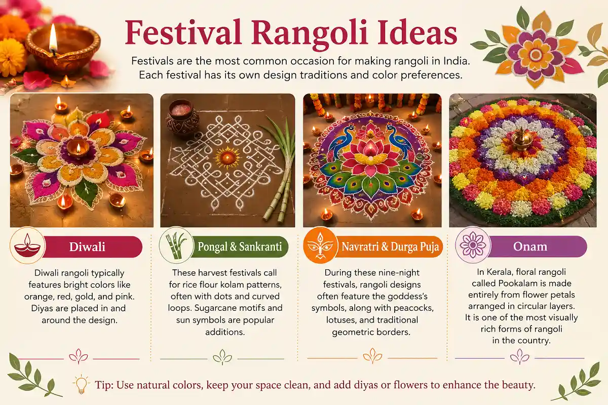 Festival rangoli ideas featuring Diwali, Pongal, Navratri and Onam designs