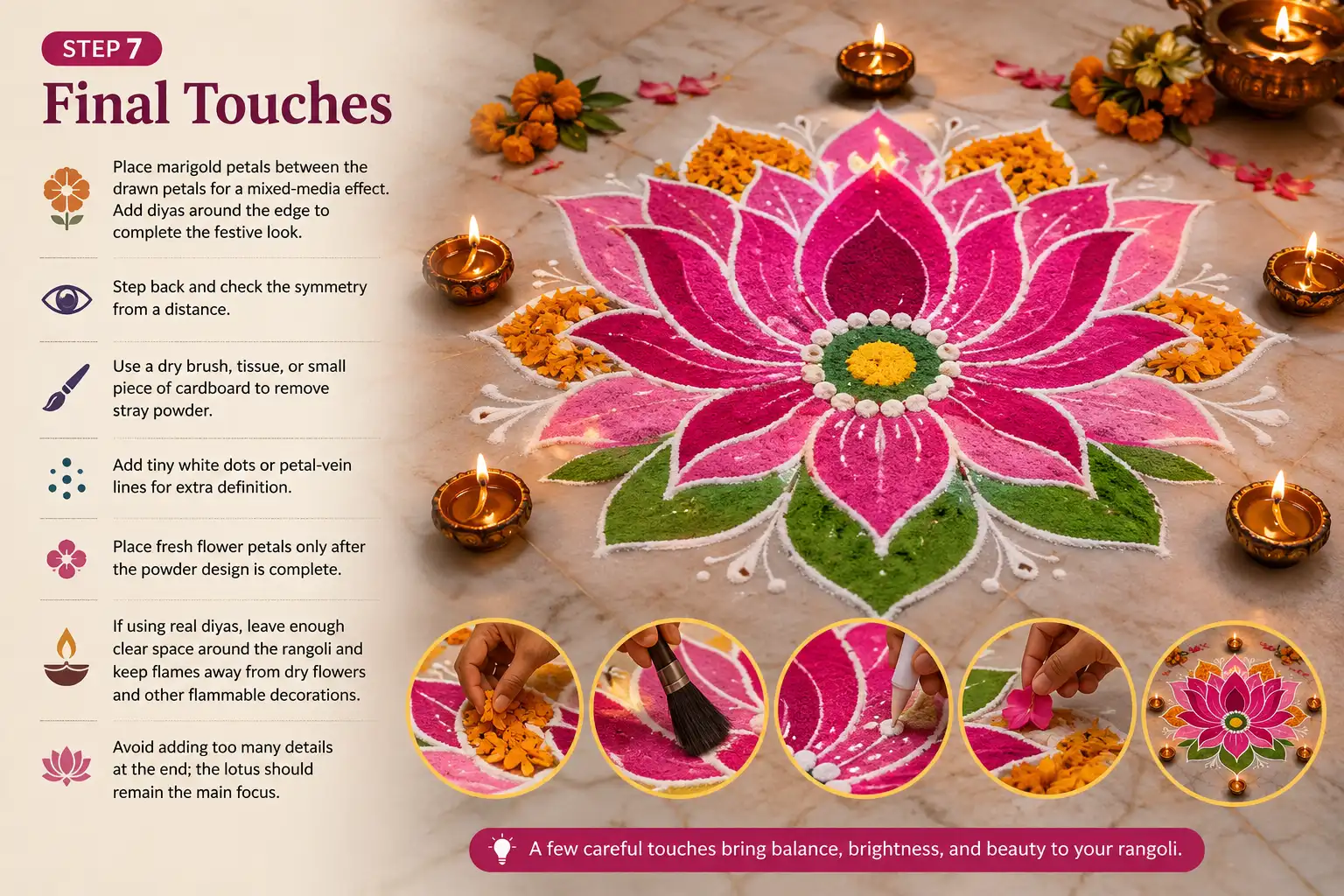Final touches on a lotus rangoli with marigold petals and diyas around the border