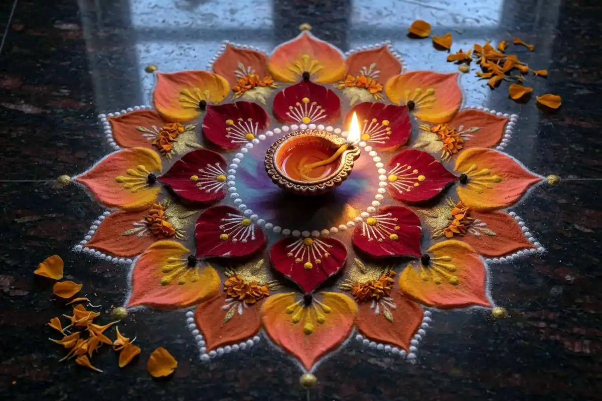 Floating diya 3D rangoli with shadow effect