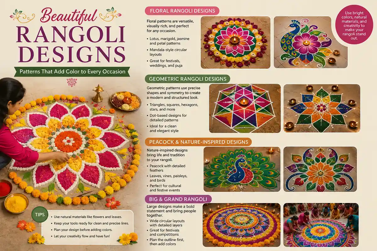 Floral, geometric, peacock, nature-inspired, and grand rangoli designs in a colorful mixed photographic and infographic layout