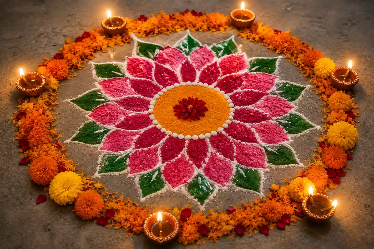 Colorful floral rangoli design for Diwali with flowers and diyas