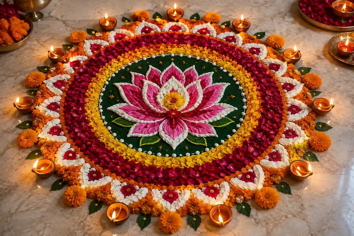 Floral Diwali rangoli design with lotus and flower petals
