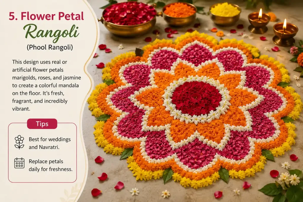 Flower petal rangoli with marigold rose and jasmine petals