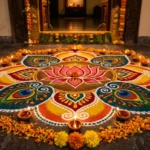 Beautiful rangoli design for Diwali at home entrance with diyas and marigold flowers