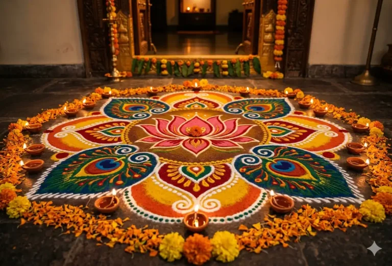 Beautiful rangoli design for Diwali at home entrance with diyas and marigold flowers