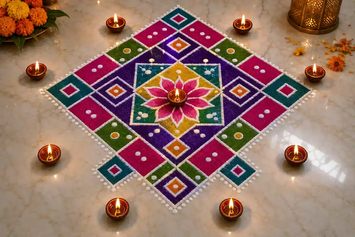 Colorful geometric rangoli pattern for Diwali photos