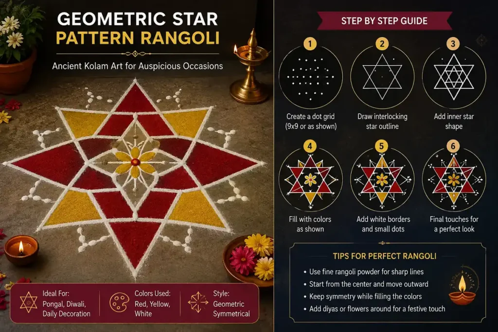 Geometric star pattern rangoli design guide