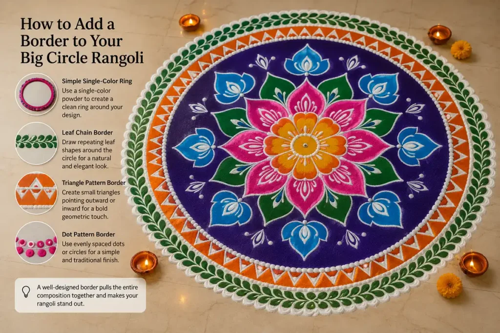Big circle rangoli with decorative leaf, triangle, and dot pattern borders