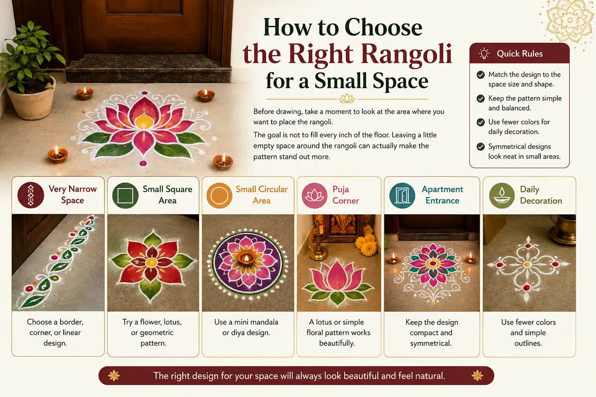 Small space rangoli ideas with lotus, floral, mandala, and border designs