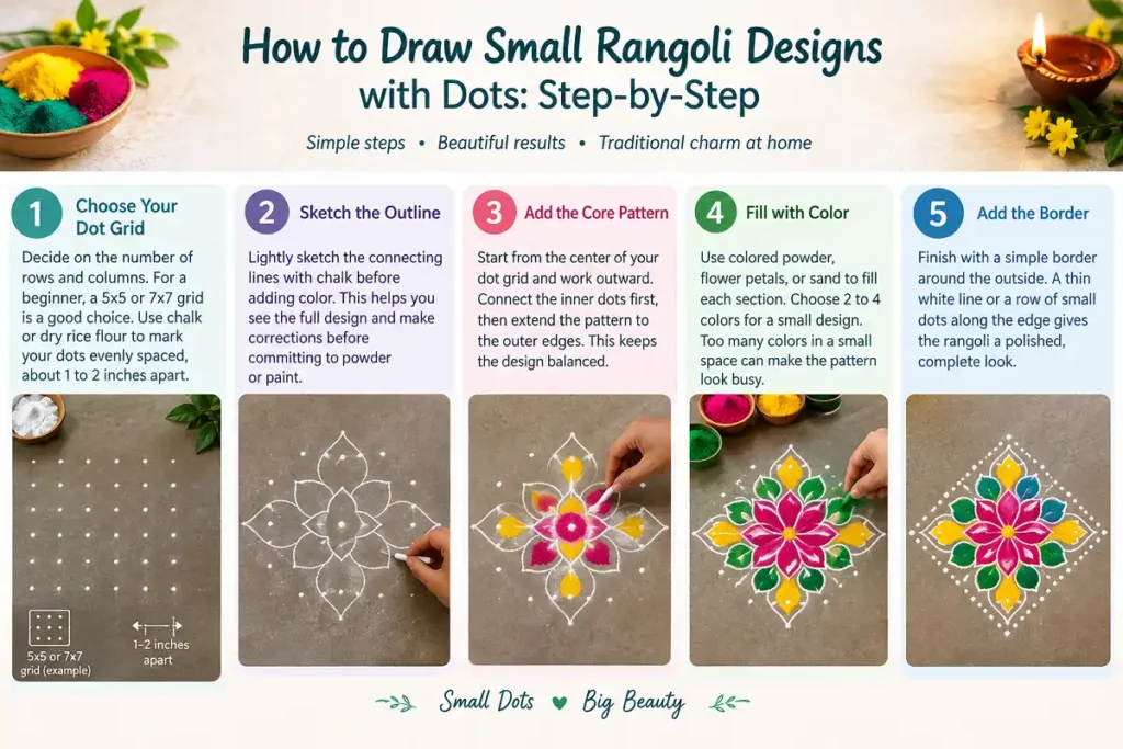 Step by step guide to drawing small rangoli designs with dots