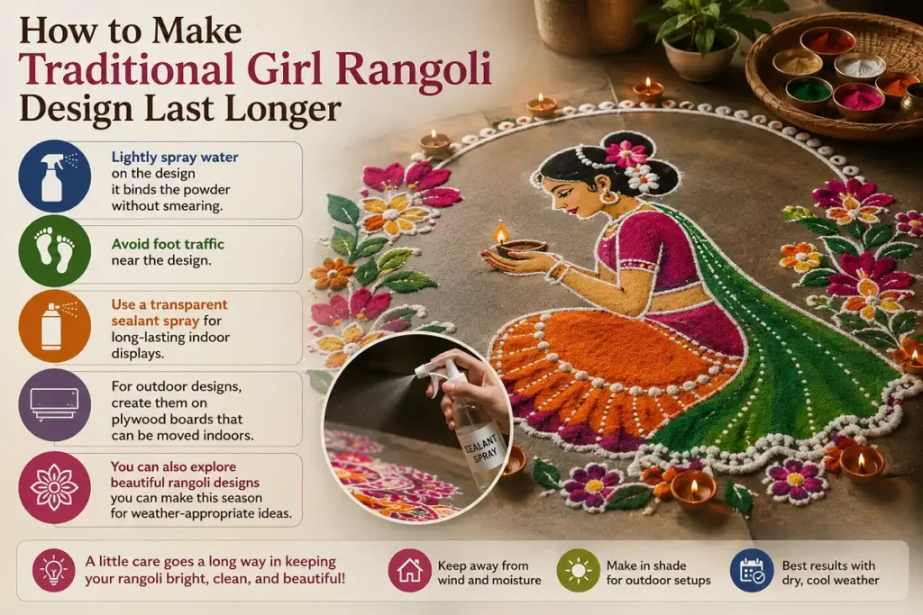 How to make traditional girl rangoli design last longer