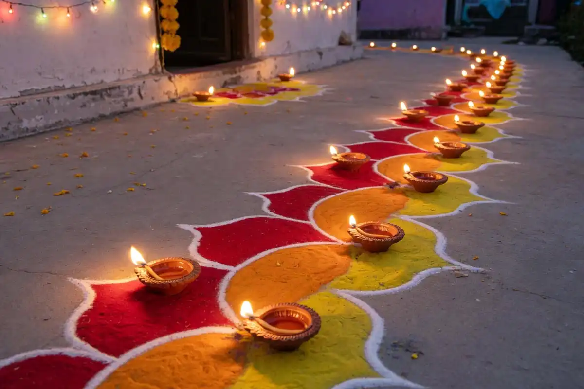 Lamp border rangoli with diyas placed at each curve